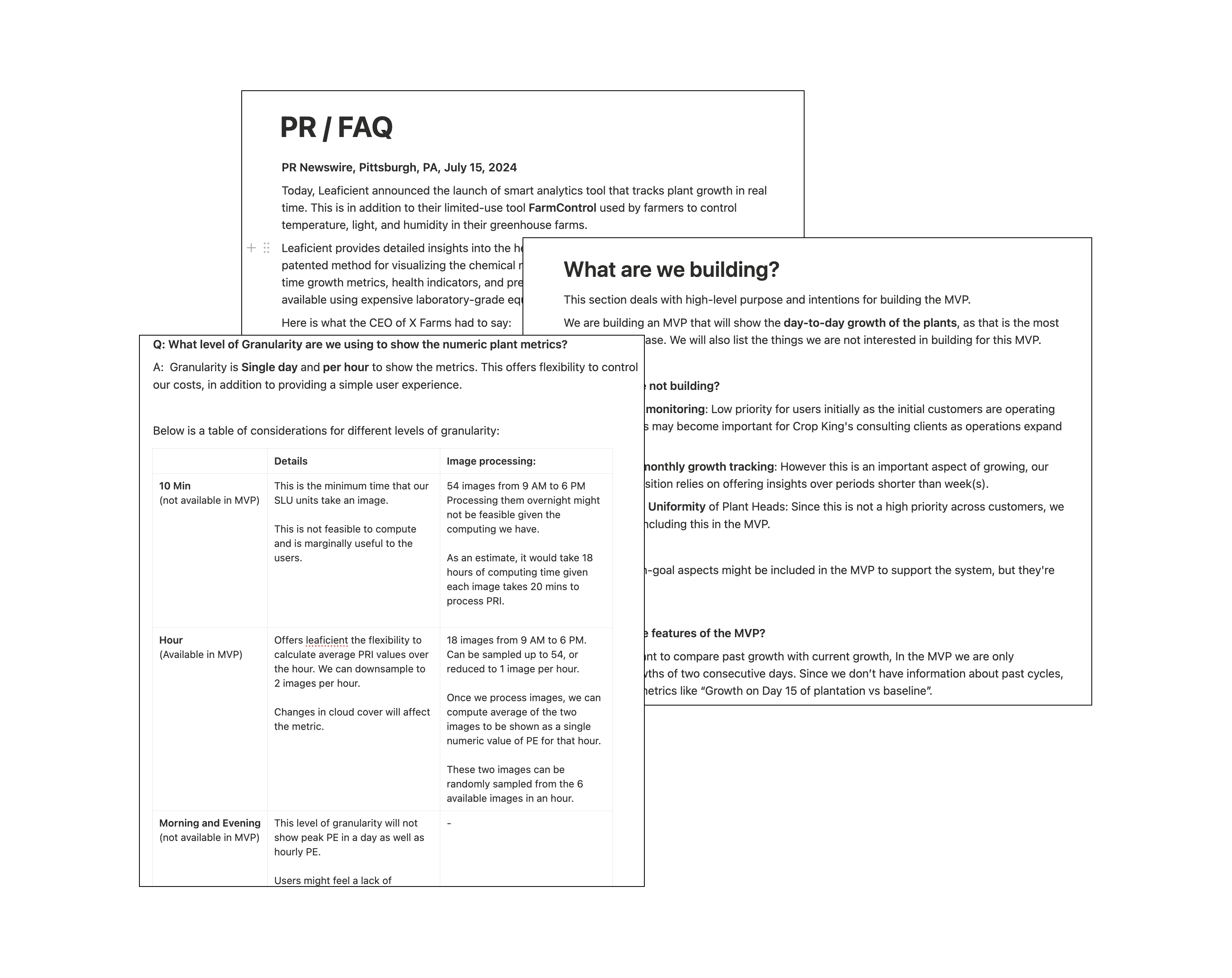 PR/FAQ alignment slide with MVP scope and timeline